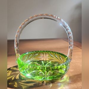 Vintage Mid Century Modern Emerald to Clear Cut-Crystal Basket Candy Dish